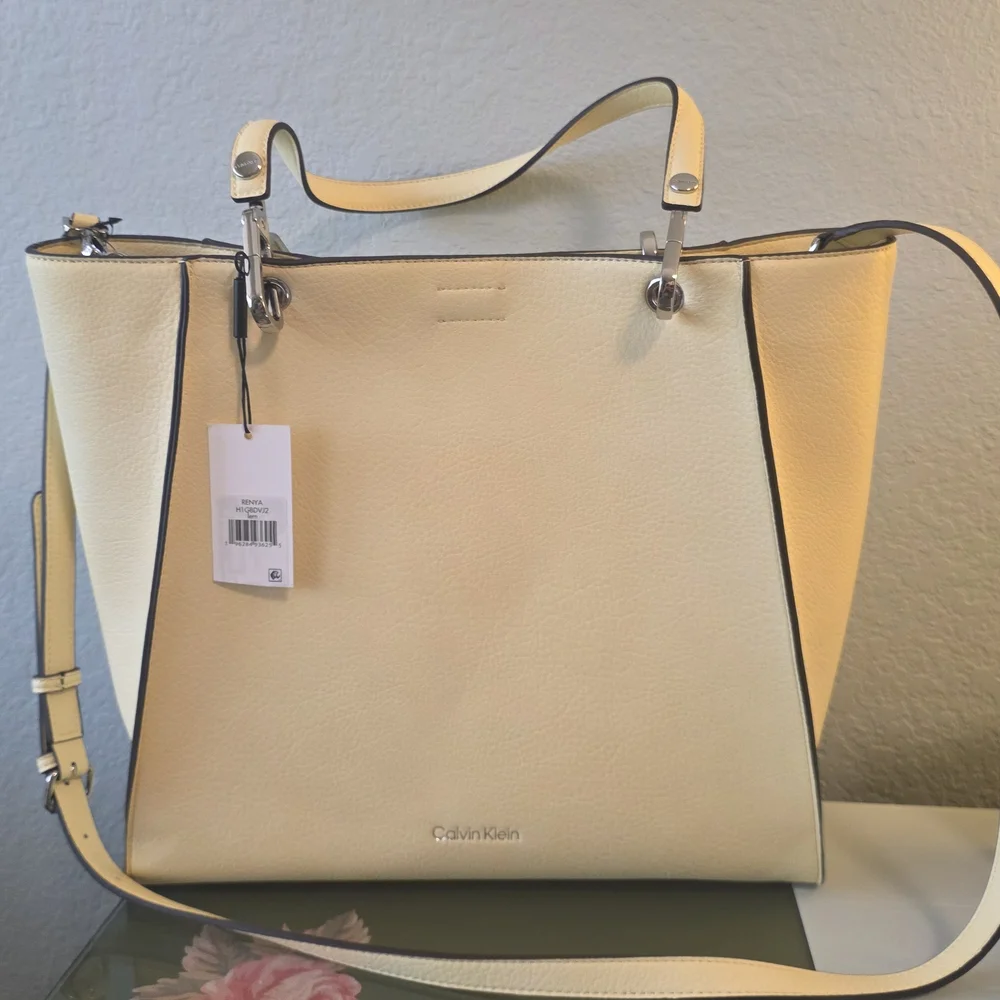 Calvin Klein Pale Yellow Pebbled Leather Tote with Shoulder Strap